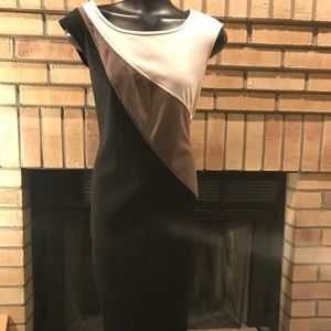 Black, taupe and cream shift dress.